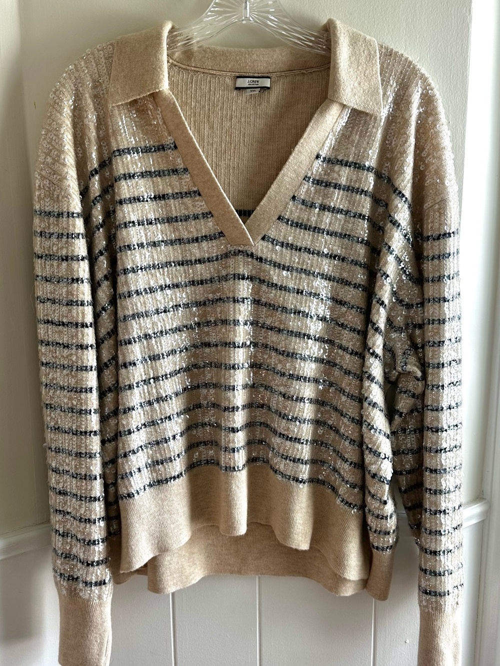 J. Crew Collection Cream Navy V-Neck Sequin Striped Collared Sweater Size XXL